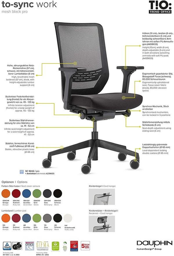Trendoffice to-sync "pro" 9242, ergonomischer Bürostuhl, mit Armlehnen, modernes Design, Homeoffice